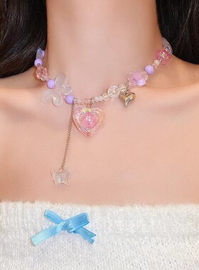 气质甜美日韩新款潮爱心吊坠串珠项链女个性甜酷百搭蝴蝶锁骨链