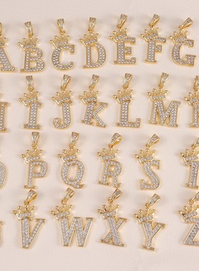 跨境热卖铜微镶锆石镀18k皇冠字母吊坠ins风26个英文字母项链