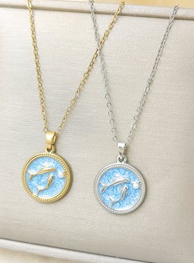 跨境不锈钢油画风海洋系列项链高级感滴油渐变吊坠轻奢爆款锁骨链