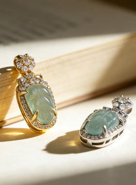 新中式 翡翠叶子吊坠小众高级感蓝水玉石树叶项链代发