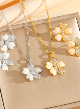 五瓣花项链女钛钢幸运五花时尚锁骨链轻奢百搭猫眼石套装女锁骨链