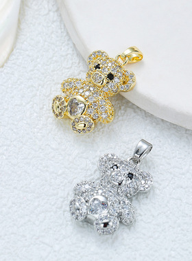 铜微首饰镶锆石小熊吊坠熊头项链吊坠欧美风格时尚通勤挂坠
