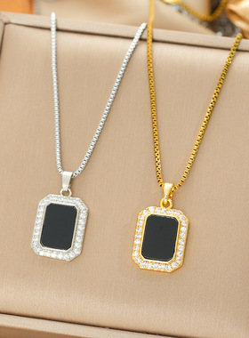 跨境黑色长方牌钛钢项链女百搭高级感配饰品轻奢锁骨链设计感小众