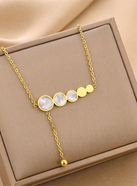 欧美跨进金色圆片贝母吊坠钛钢项链女小众设计感百搭饰品首饰