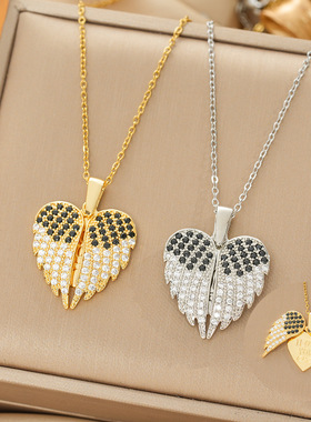 天使之翼钛钢项链女可打开两片翅膀心形镶钻创意款款送礼项链饰品