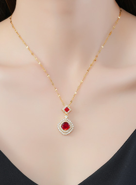 欧美时尚跨境流行小方糖形状大吊坠微镶锆石绿色水晶镀黄金色项链