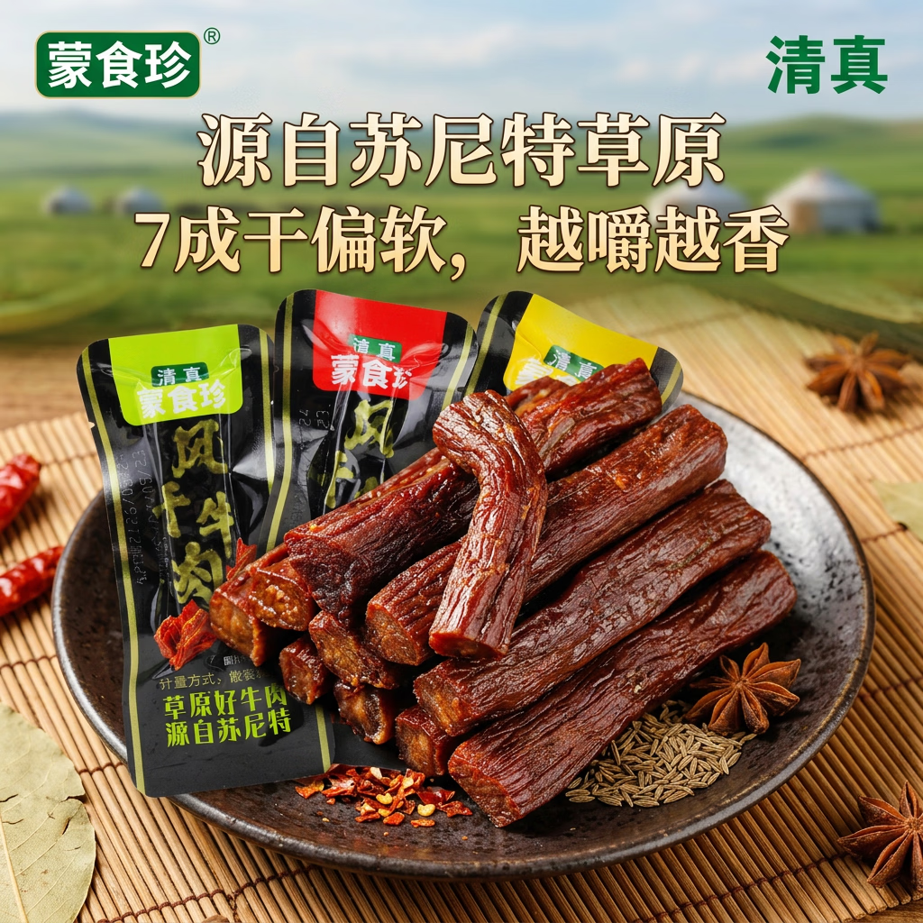 内蒙古特产蒙食珍牛肉干锡盟清真手撕风干牛肉干原味香辣零食小吃