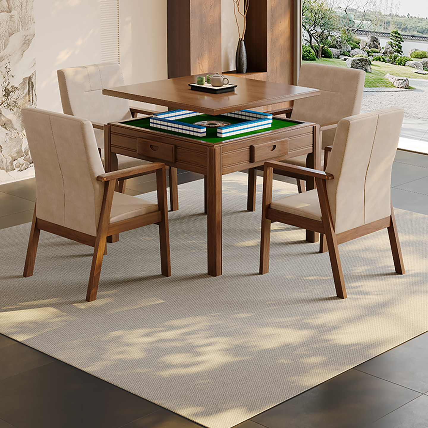 麻将桌两用餐桌实木一体家用