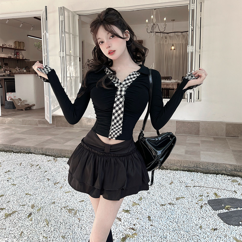 春装新款职业套装时尚气质长袖格纹拼接T恤酒店前台接待工作服女