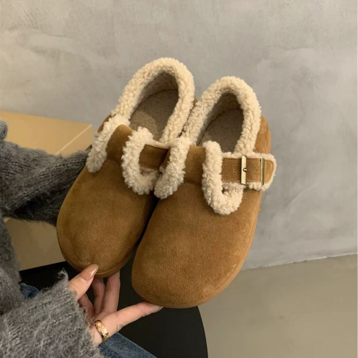 厚底加绒保暖勃肯鞋女真皮棉鞋