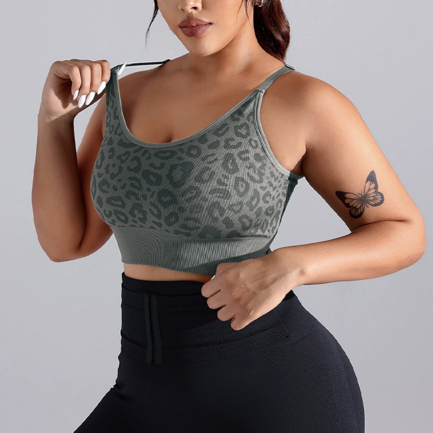 胖mm大码豹纹运动内衣女夏外穿美背健身训练背心跑步防震运动文胸