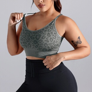 胖mm大码豹纹运动内衣女夏外穿美背健身训练背心跑步防震运动文胸