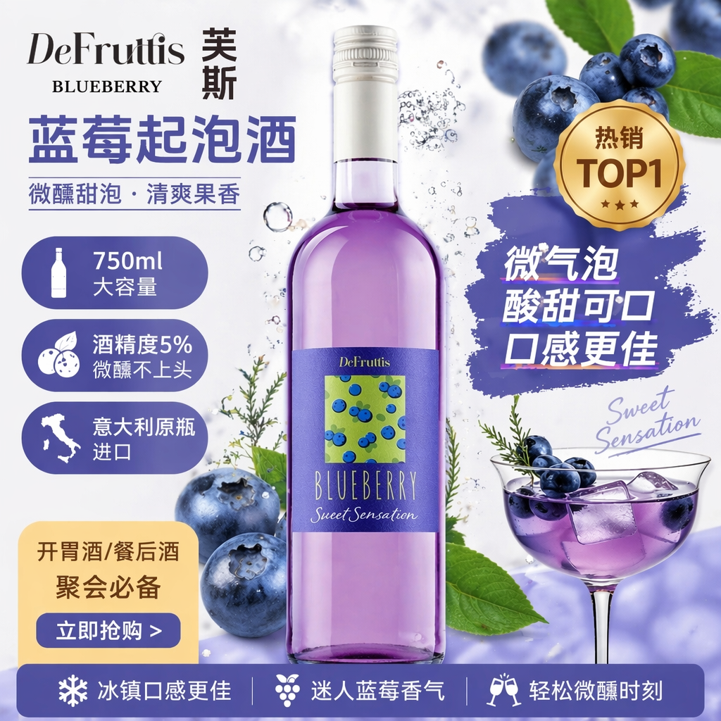 芙斯蓝莓起泡酒意大利进口甜酒女士微醺晚安酒5度