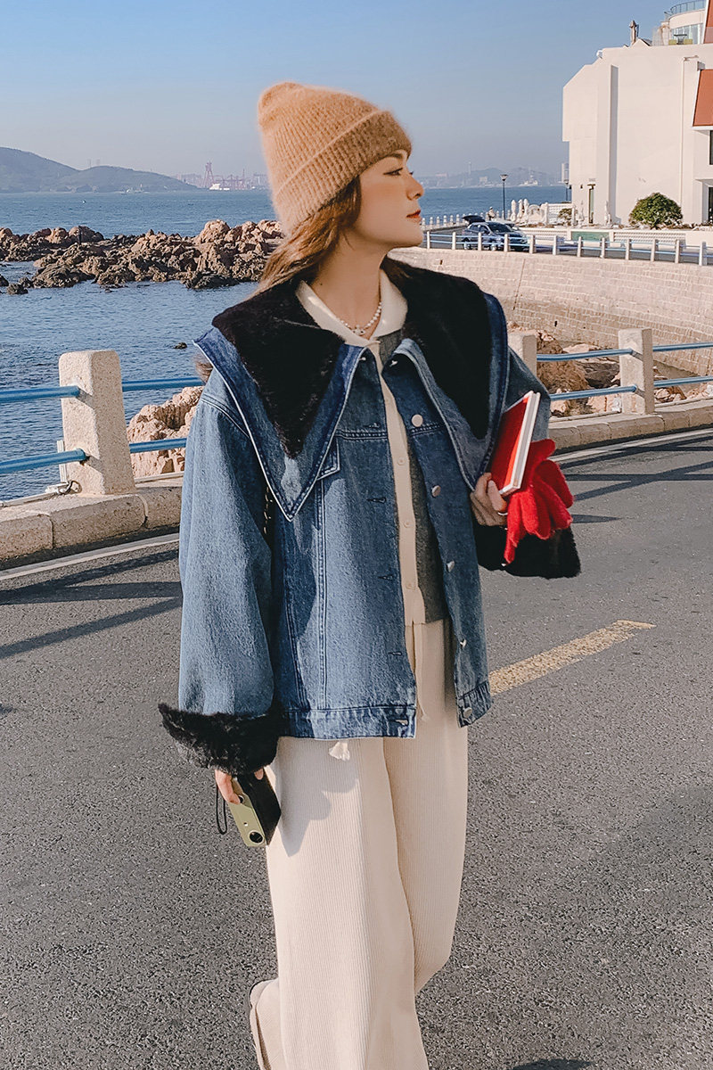 学院风复古设计感牛仔外套女冬加绒2025冬季新款韩版宽松加厚棉服,女装短外套,2D009