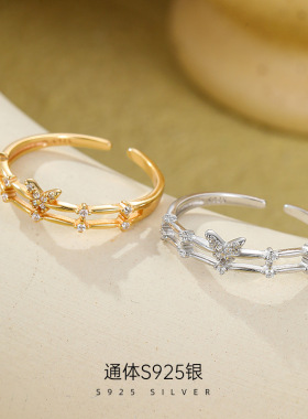 S925纯银冷淡风双层蝴蝶戒指女热