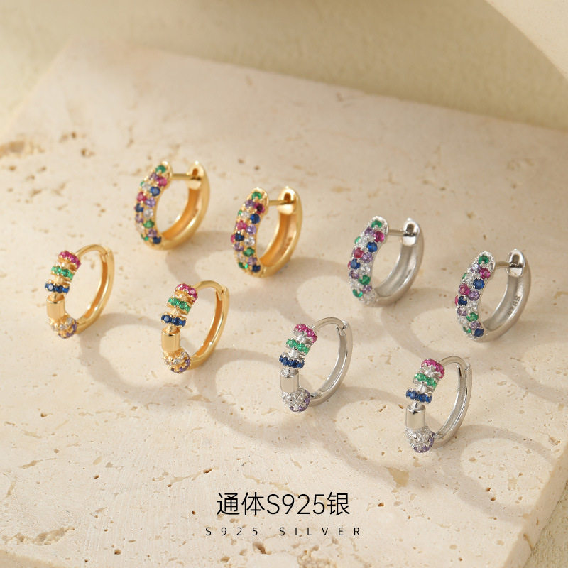 S925纯银跨境ins彩虹锆石耳环女