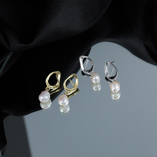 S925纯银巴洛克珍珠耳钉女款冷淡风不规则淡水天然珍珠耳环高级感