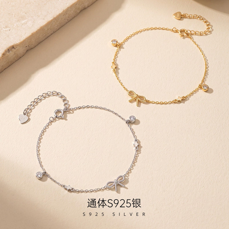 S925纯银日系ins麻花蝴蝶结手链女镀14K金甜美气质手饰