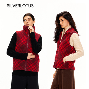SILVERLOTUS 红色格纹摇粒绒马甲高领休闲秋冬节日氛围感外套背心