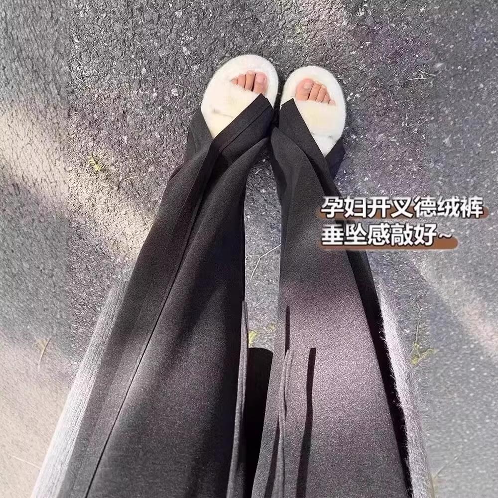孕妇阔腿裤秋冬季加绒宽松开叉直筒长裤加厚无托腹外穿开叉糯米裤