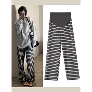 子春秋款 春装 条纹阔腿裤 外穿宽松不勒肚子休闲直筒裤 女春季 孕妇裤