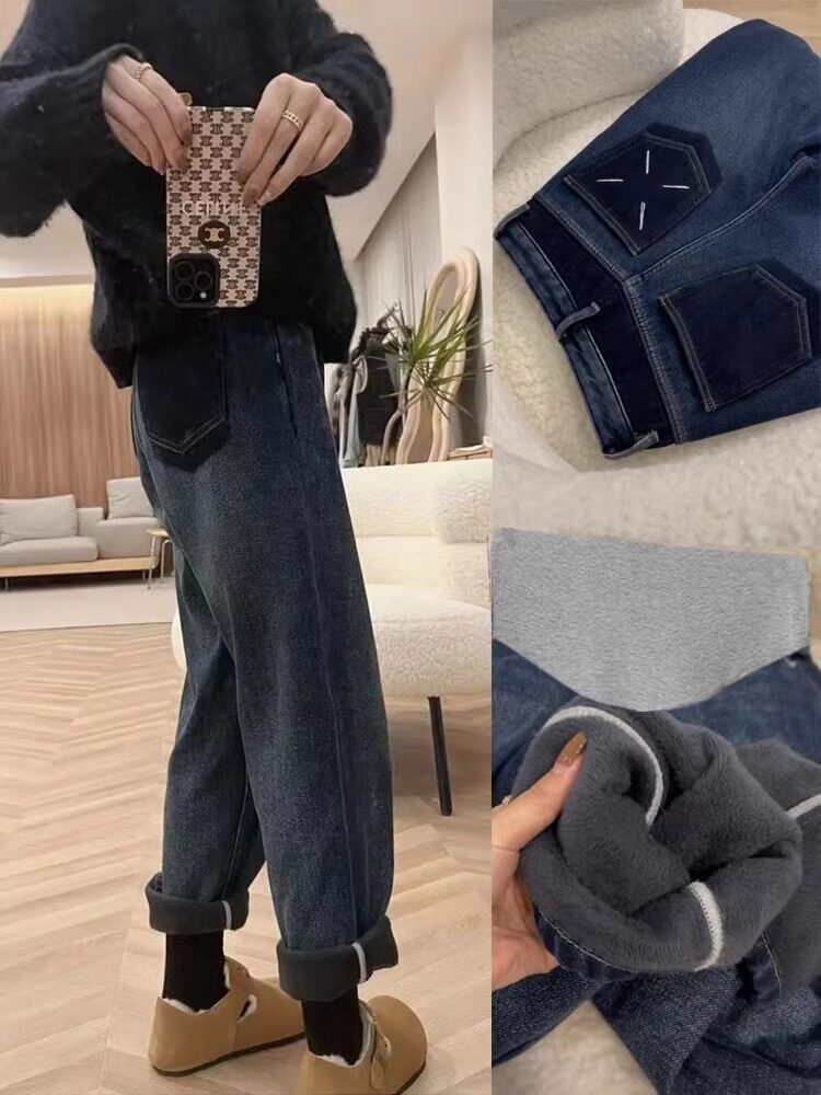 宝妈孕妇牛仔裤春秋外穿显瘦哈伦裤女春季宽松时尚裤子秋冬加绒老