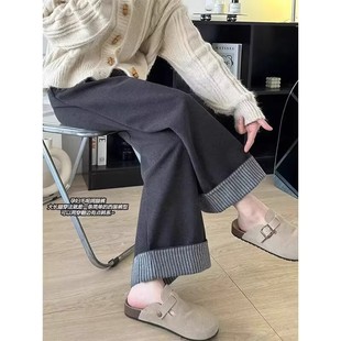 秋冬加绒卷边毛呢裤 孕妇阔腿裤 外穿人字纹休闲裤 宽松直筒裤 春秋季