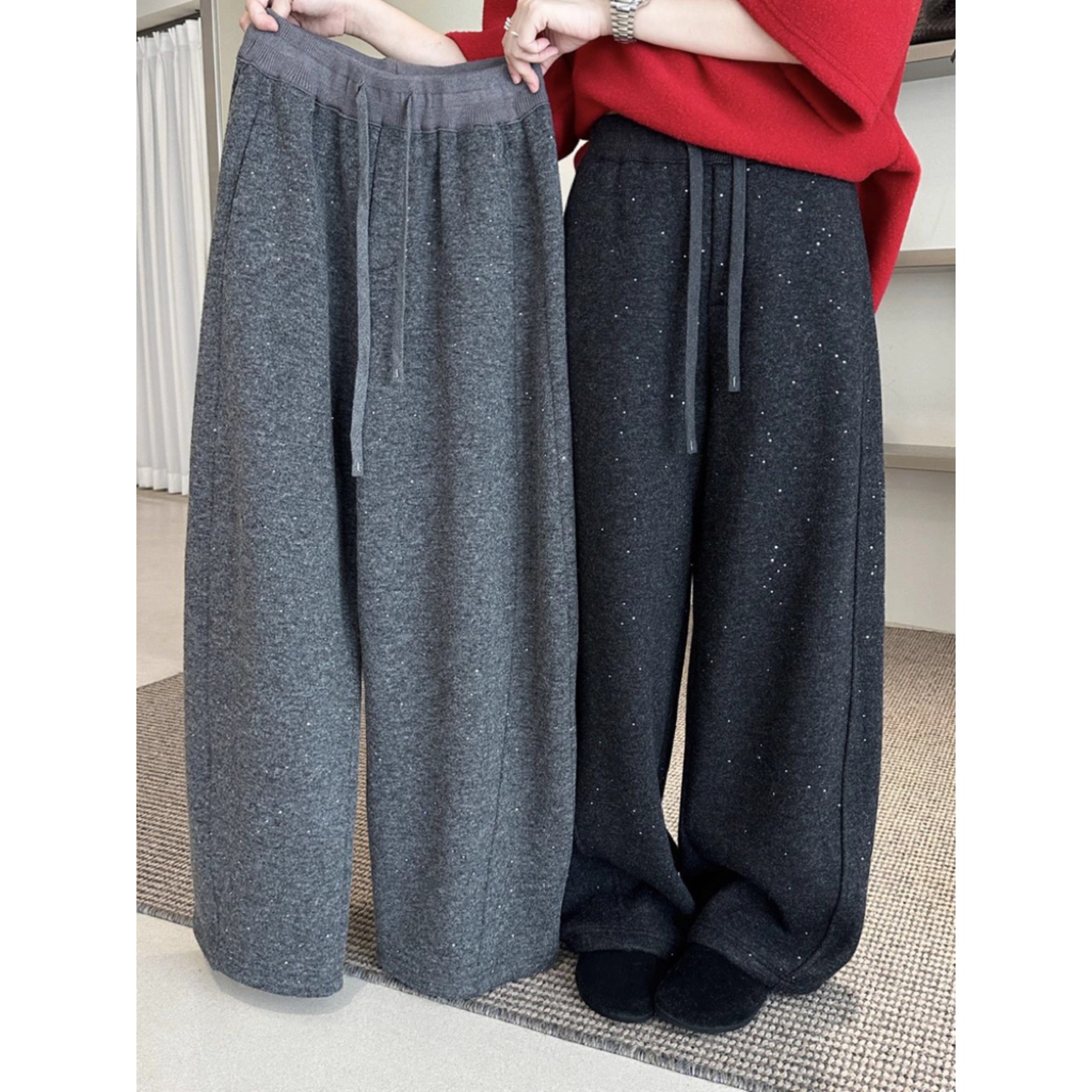 孕妇阔腿裤秋冬加绒加厚抽绳直筒休闲裤慵懒宽松显瘦拖地长裤冬装