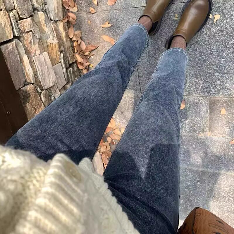 宝妈孕妇裤子春秋外穿直筒牛仔裤女秋冬加绒加厚烟管裤时尚九分裤