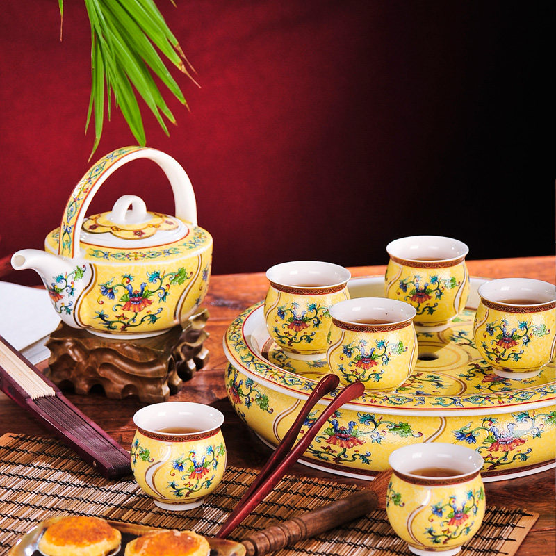 景德镇仿古珐琅彩8头双层茶具套装粉彩茶盘皇家御用收藏礼品瓷