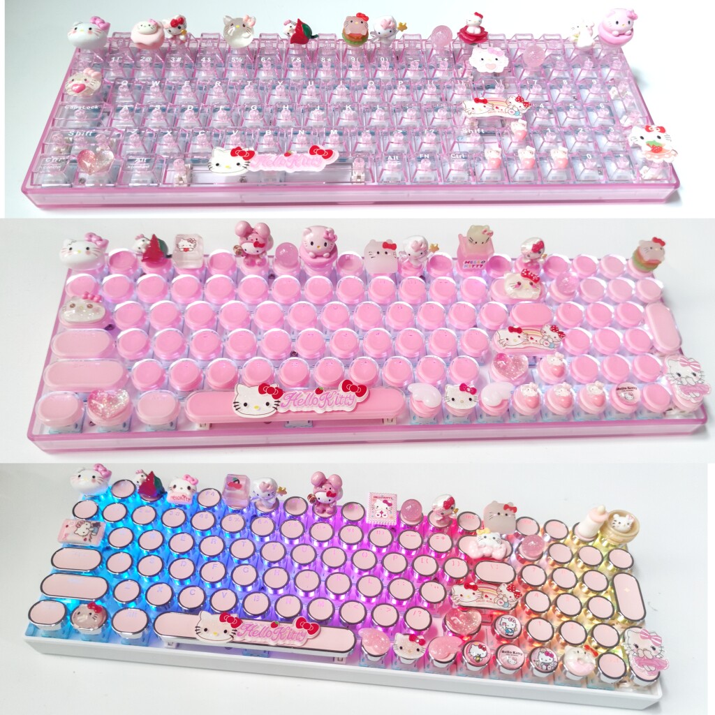 手工HelloKitty三模蓝牙无线机械键盘可爱女生粉色透明圆形iPad