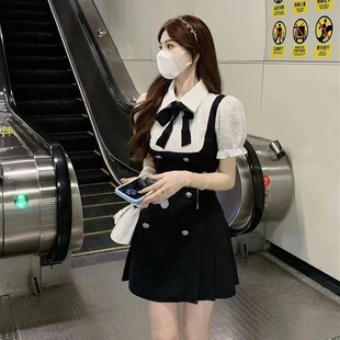 韩版学院风假两件连衣裙夏装设计感小众收腰显瘦矮个子初恋短裙子