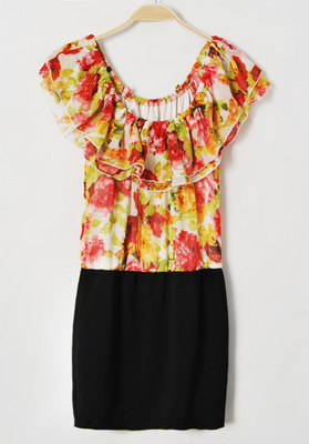 2022女装新款 优雅大花 荷叶领雪纺连衣裙 两种穿法