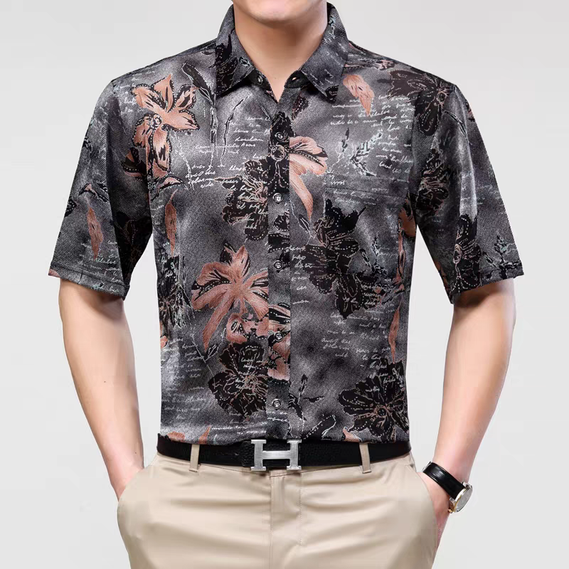 夏季真丝衬衫男士短袖桑蚕丝免烫中老年爸爸装加肥加大码冰丝衬衣