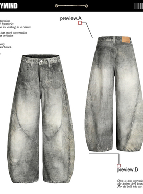 美式高街水洗牛仔裤男女3D打印解构设计宽松弯刀阔腿长裤情侣街头