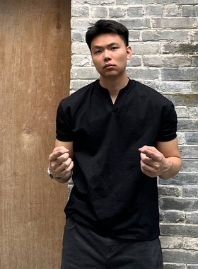 TBKL新中式亨利V领正肩T恤男士纯棉健身训练运动休闲纯色美式短袖