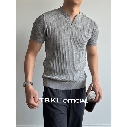 〔TBKL〕莱赛尔条纹肌理感V领T恤