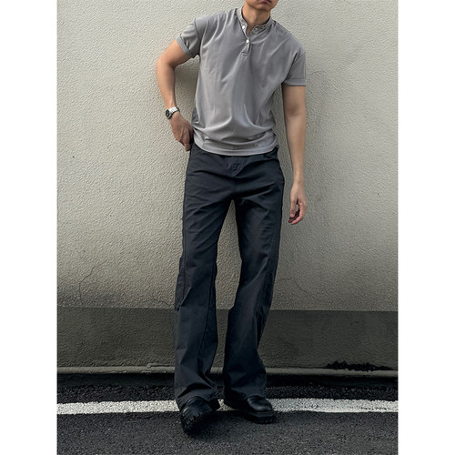 TBKL美式复古立体裁剪水洗做旧工装裤男夏季宽松直筒纯色休闲长裤