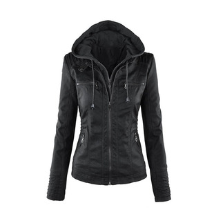 Jacket Women Hood zipper coat Leather clothing 女皮衣夹克