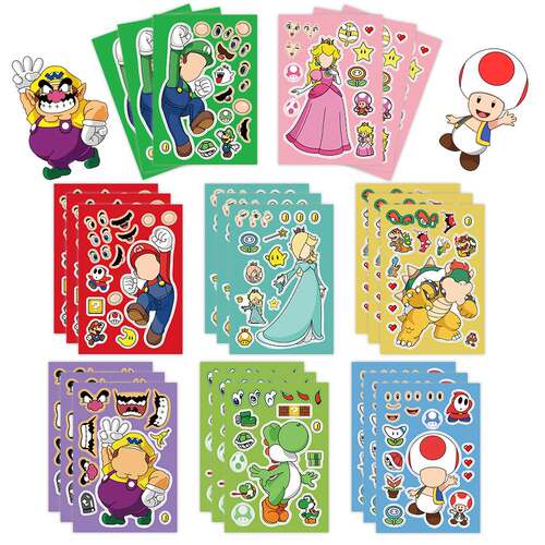 32Sheets Children DIY Puzzle Sticker Mario Face Funny Anime