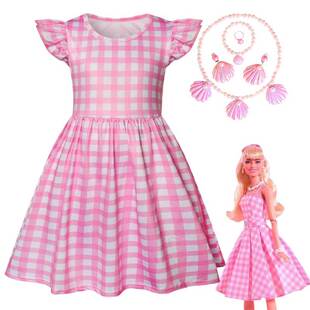 万圣节cos儿童公主裙女童cosplay真人芭比格子粉红连衣裙 潮童装
