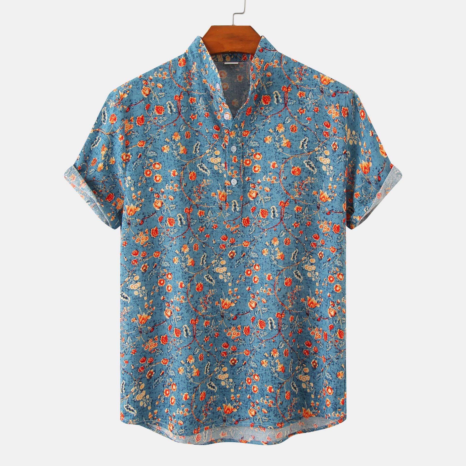 Hawaiian Shirt Men Half Placket Collar Beach Shirt Vacation