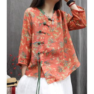 文艺外套衬衫 复古印花盘扣开衫 休闲大码 宽松显瘦新中式 女 女夏新款