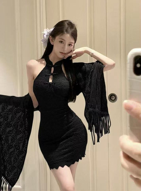 新中式国风紫色披肩改良旗袍蕾丝连衣裙修身包臀裙约会短裙子套装