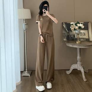 时尚 T恤阔腿裤 韩版 女短袖 冰丝两件套显瘦高级感 休闲运动套装 春季