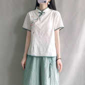 中式 茶服女装 禅意立领盘扣短款 短袖 上衣夏季 文艺复古提花棉麻衬衫