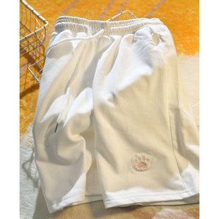 宽松小个子高腰阔腿裤 美式 薄款 女夏季 子 高街猫咪爪子刺绣运动短裤