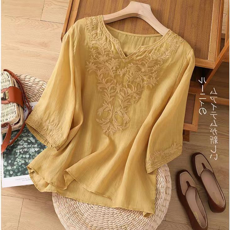 新中式国风刺绣棉麻衬衫女夏季时尚新款气质宽松休闲高端亚麻上衣