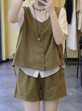 夏季撞色假两件马甲短裤套装女