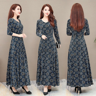 秋冬季 妈妈装 中长裙女 200斤金丝绒连衣裙高贵洋气女装 中老年大码